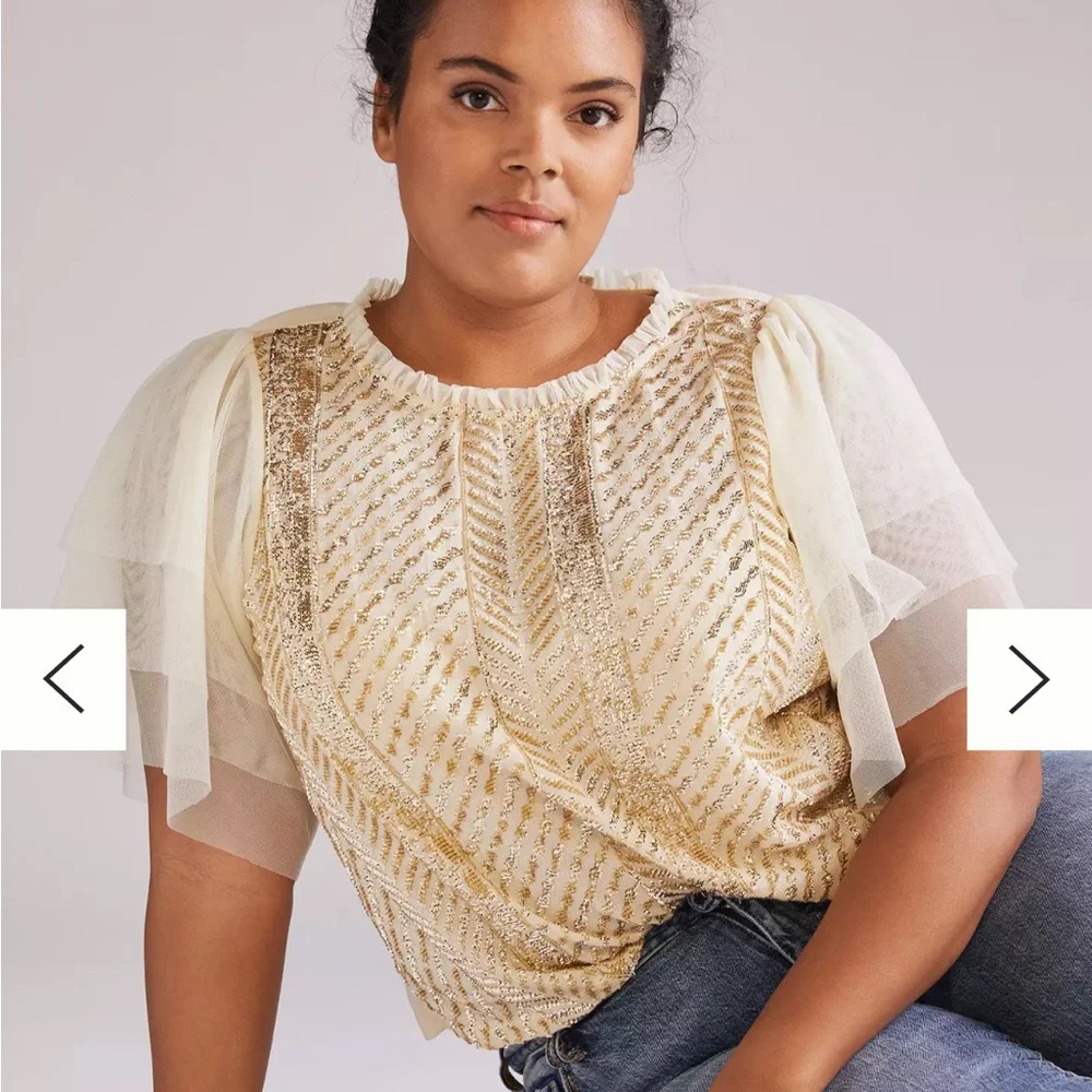Anthropologie Gold and Cream Embellished Puff-Sleeve Blouse
